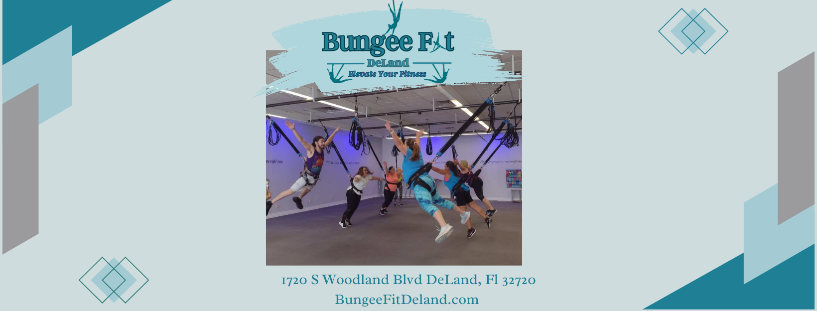 Bungee Fit DeLand Cover Photo. Shows participants doing a jump stunt on the bungee. At the bottom is the address: 1720 S Woodland Blvd. DeLand, Fl 32720